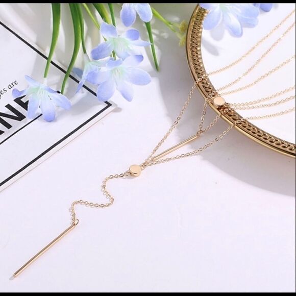 Gold Tone Triple Layered Coin Bar Necklace - Picture 3 of 7